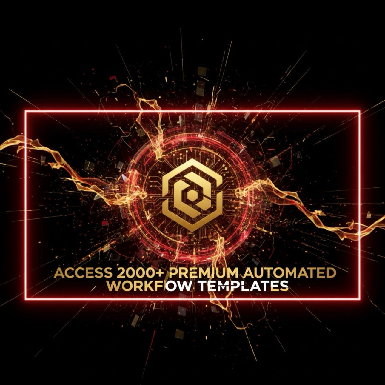 Promotional graphic for premium automated workflow templates with a futuristic design on a black background.